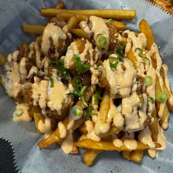 So-Ju Chikn's Korean fried chicken and french fries, drizzled with sauce and garnished with green onions.